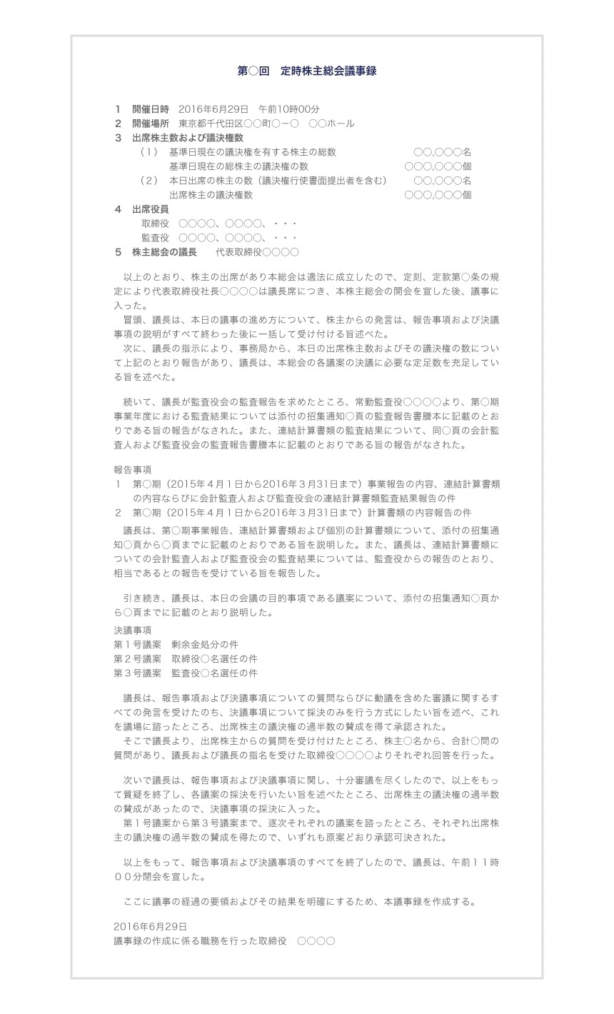 一括審議方式を採用した場合の株主総会議事録の記載例