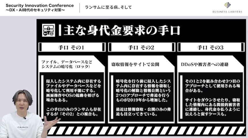 ランサムウェア攻撃の手口を紹介する辻氏