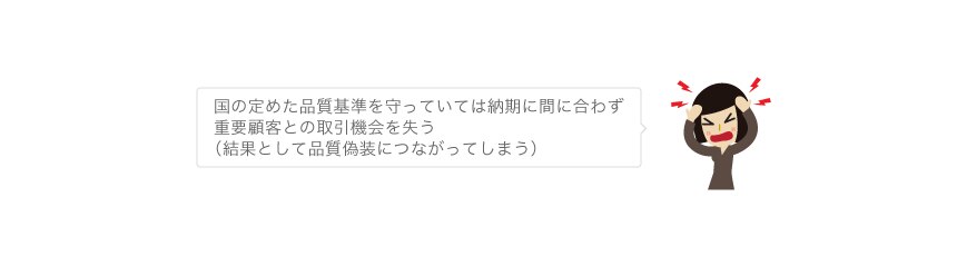 国の定めた基準を守っていては納期に間に合わず取引機会を失ってしまう。結果として品質偽装につながってしまう