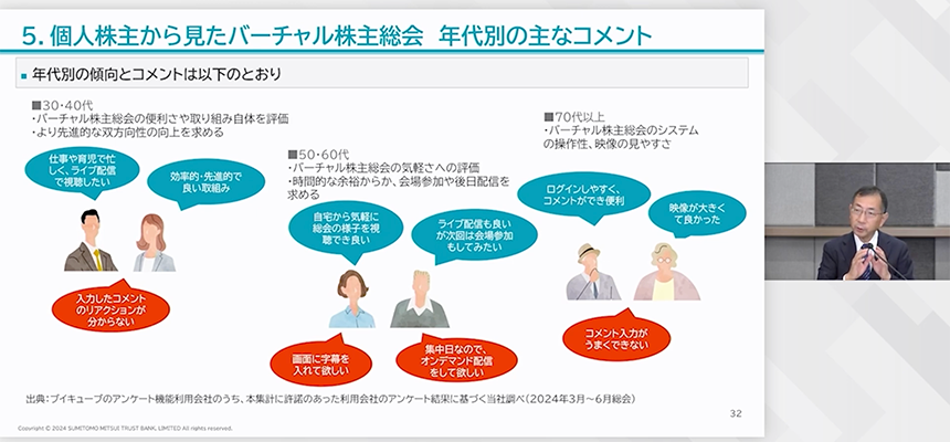 バーチャル総会参加者のコメントを紹介し、次回運営の改善案を挙げる三井住友信託銀行株式会社 ガバナンスコンサルティング部 部長（法務管掌）　斎藤 誠氏
