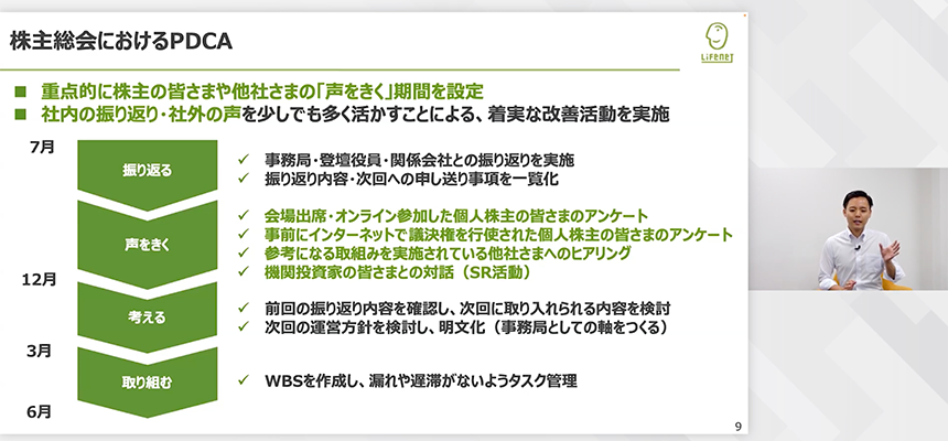自社の総会運営におけるPDCAのフレームワークを紹介するライフネット生命保険株式会社 経営企画部　平口 慎也氏